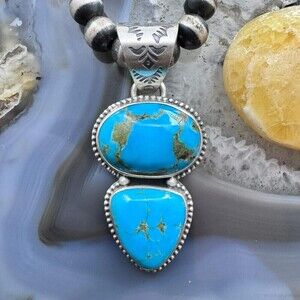 Native American Sterling Silver 2 Turquoise Decorated Pendant For Women